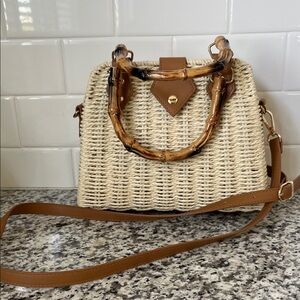 Elegant Tan Woven Handbag with Bamboo Handles